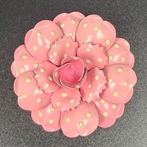 Vintage Joan Rivers Flower Brooch‎ Mod Pink Polka Dot Enamel on Metal 3D Flower